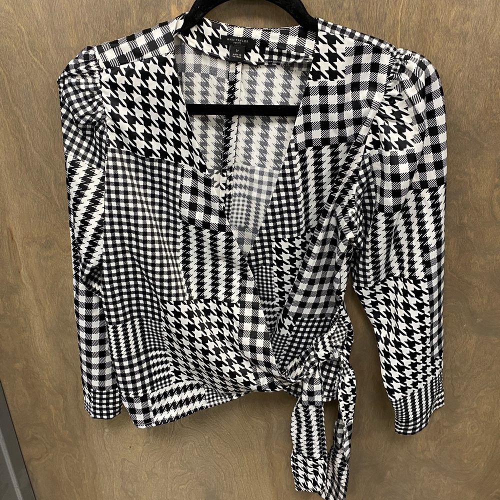 Ann Taylor Black and White Checkered Wrap Blouse